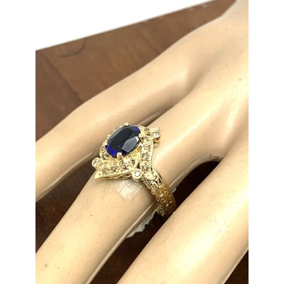Blue Gemstone Diamond Cocktail Ring 14k Yellow Gold Estate Women's Size 7 - Picture 13 of 14